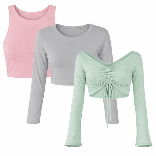 Pack X3 Crop Top Emilia Rosado - Isabella Gris - Antonella Verde Menta